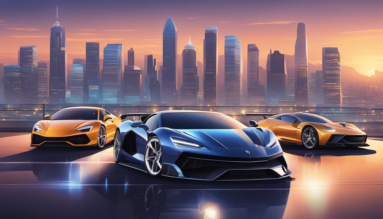 The scene features iconic supercar brands lined up in a row, showcasing their sleek and powerful designs. The cars are positioned against a backdrop of a modern city skyline, with dynamic lighting highlighting their glossy finishes