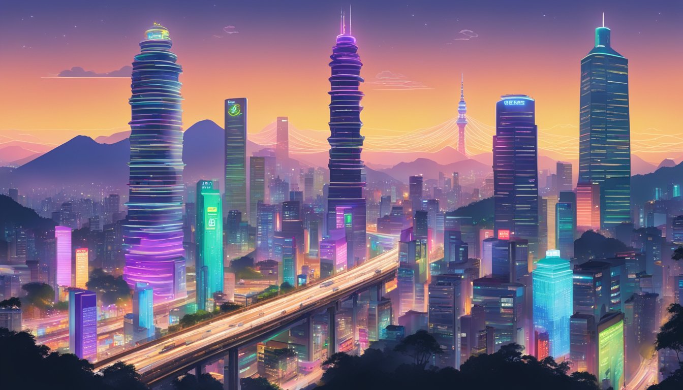 A bustling cityscape in Taiwan, with towering skyscrapers and neon-lit billboards showcasing innovative technology brands