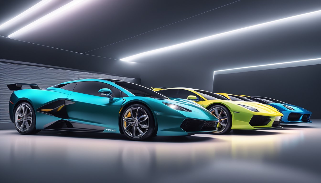 A lineup of sleek supercars, each branded with their respective performance metrics, gleaming under bright showroom lights