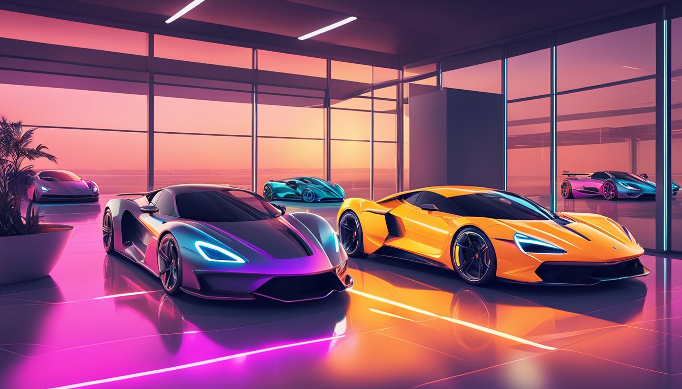 Sleek, futuristic supercars line up on a glowing, neon-lit showroom floor, showcasing the cutting-edge designs and advanced technology of the world's leading supercar brands