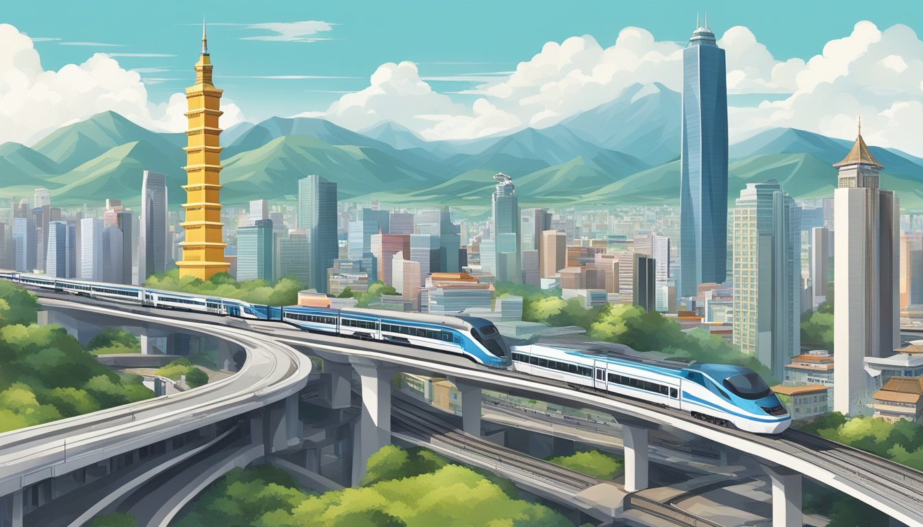 A bustling cityscape with modern transportation and infrastructure, featuring high-speed trains, busy highways, and iconic landmarks in Taiwan
