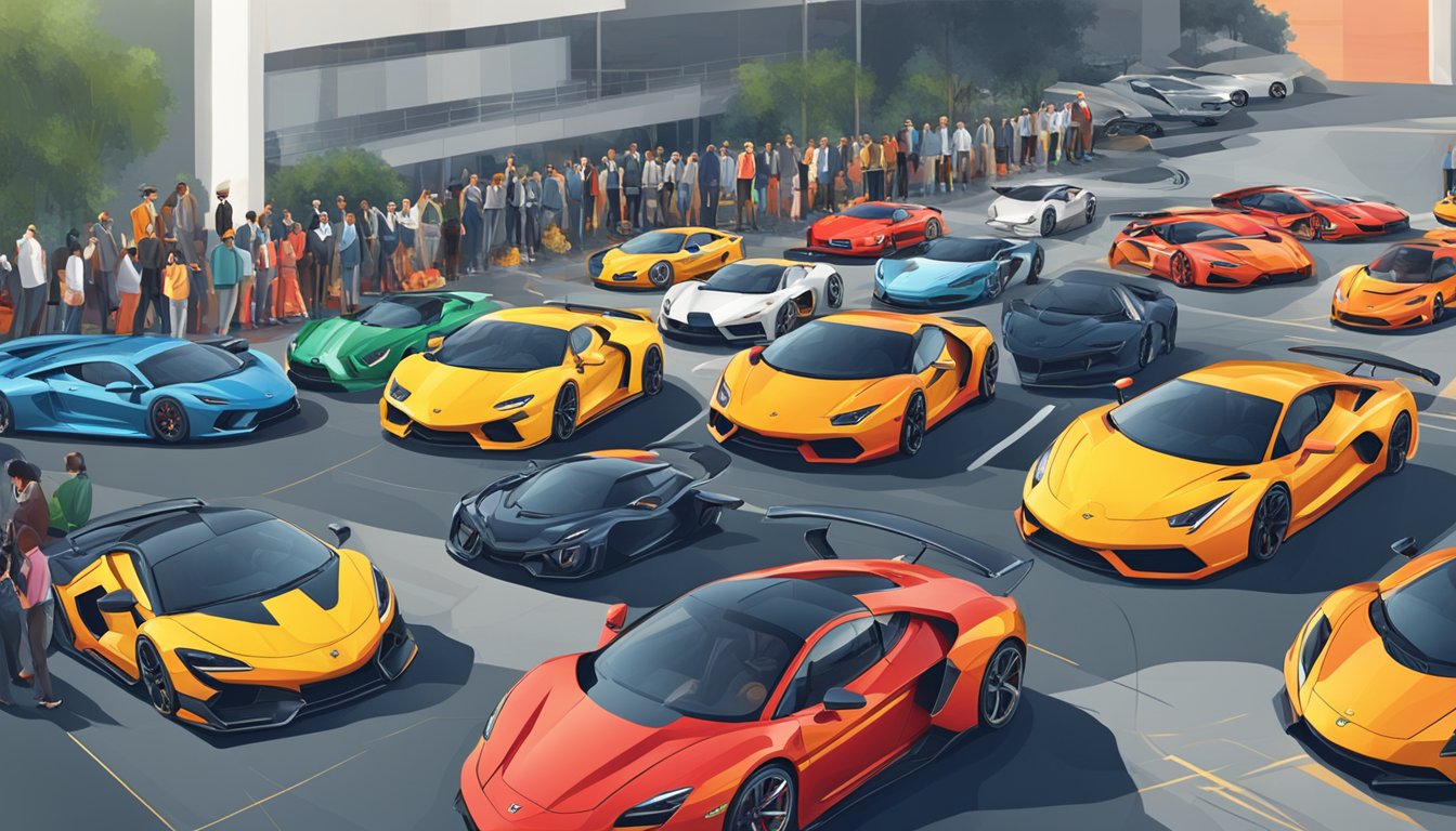 A lineup of luxury supercars from various brands, with logos prominently displayed, surrounded by a crowd of curious onlookers