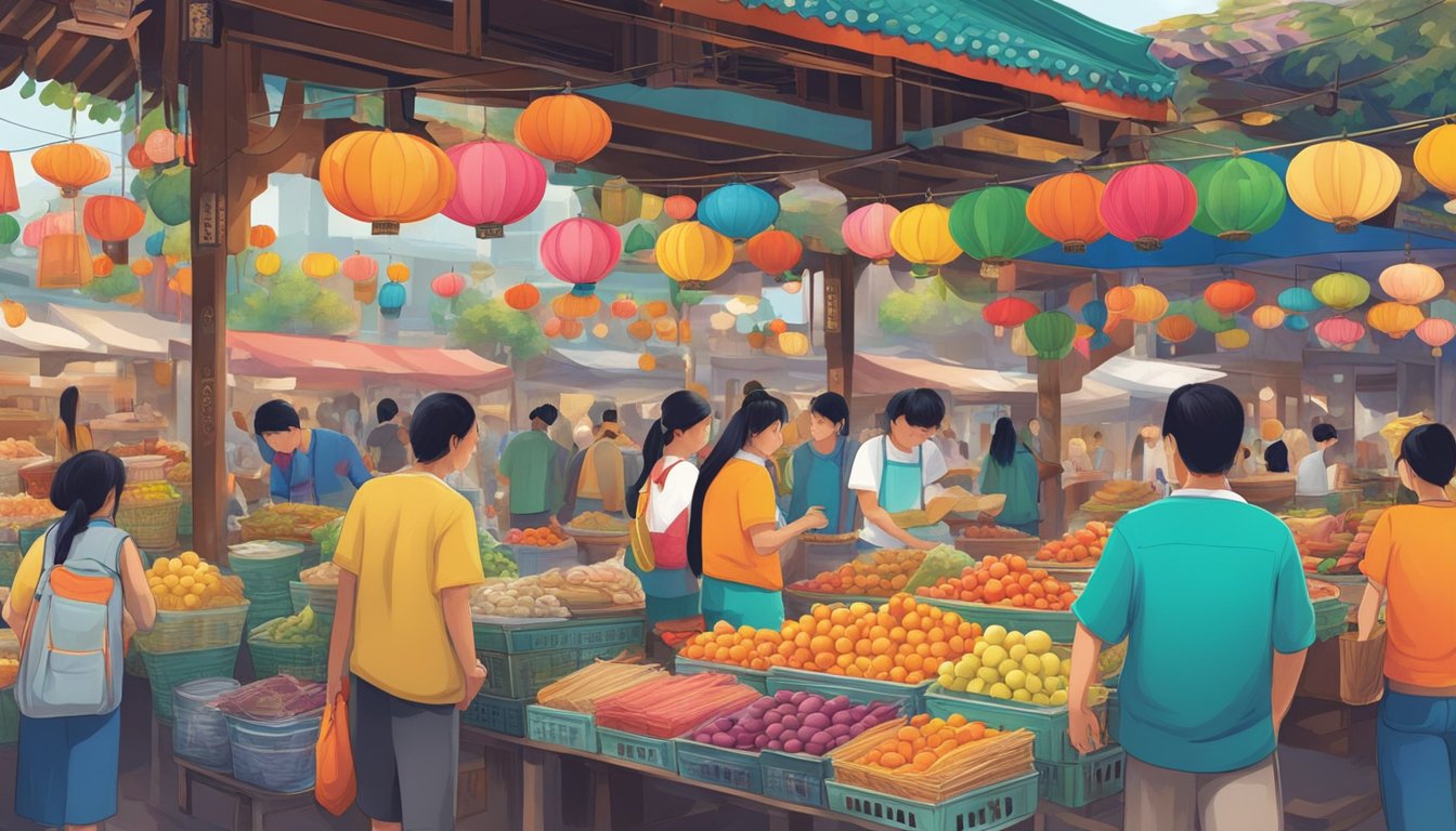 A vibrant street market in Taiwan showcases colorful products and traditional crafts, reflecting the cultural influence on the creative industries