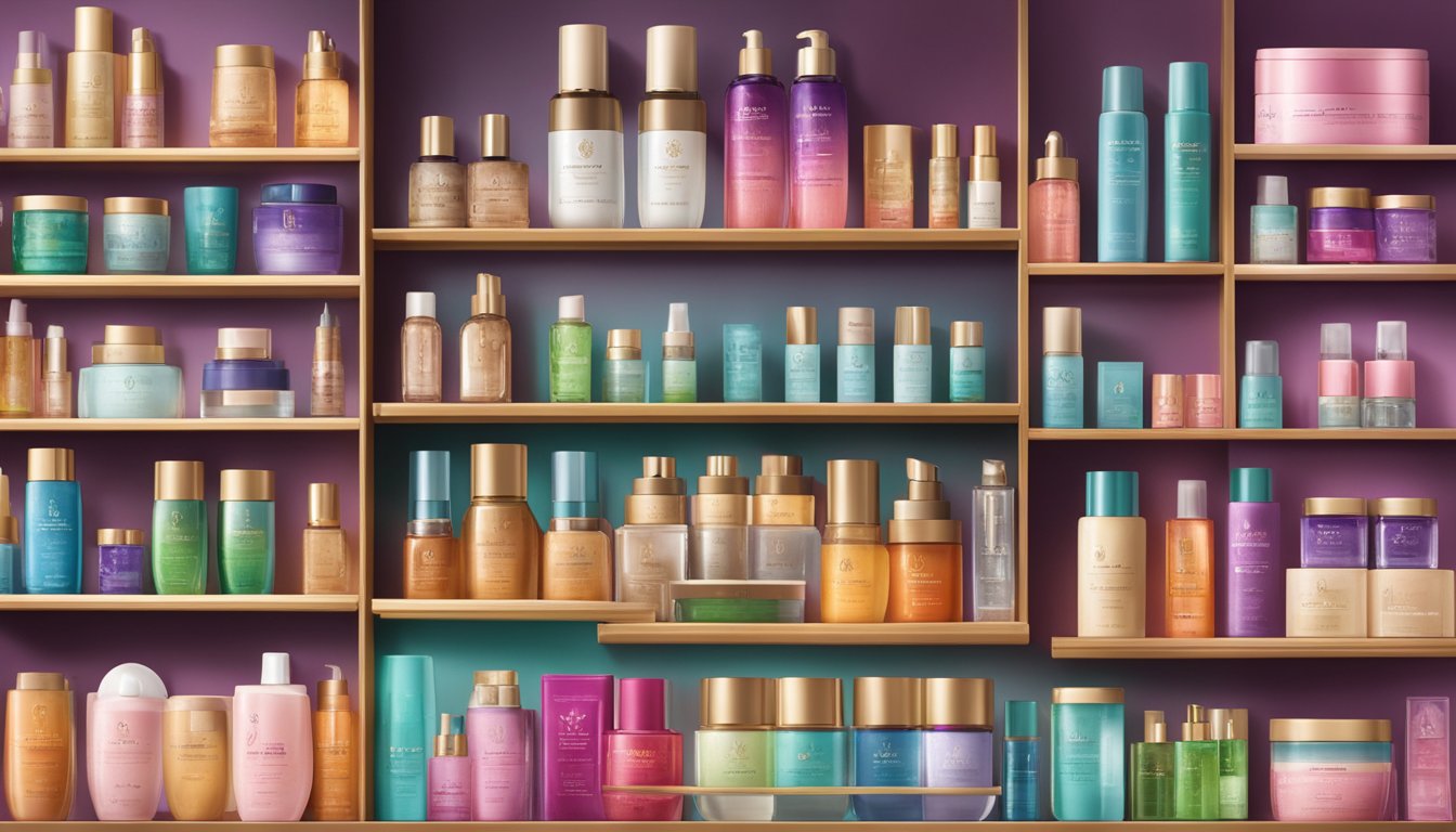 A vibrant display of Thai cosmetic products arranged on a sleek, modern shelf with the brand's logo prominently featured