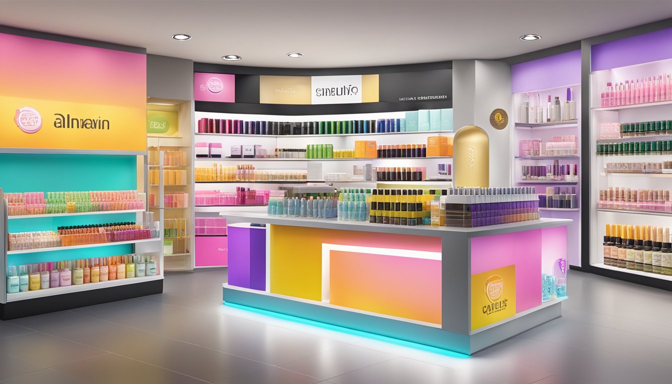 A colorful display of leading Thai cosmetic brands arranged on a sleek, modern counter. Bright packaging and bold logos catch the eye
