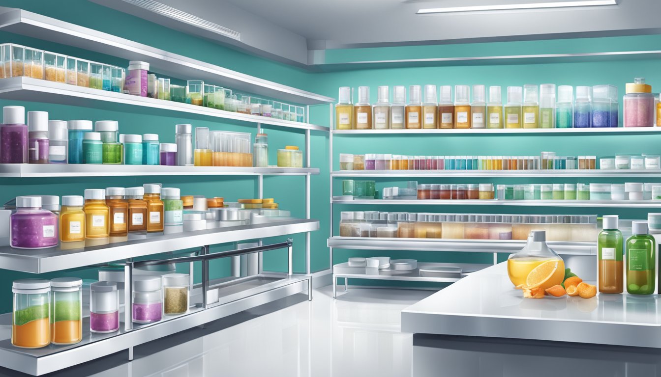 A modern laboratory with sleek equipment and shelves of unique ingredients from Thailand, showcasing the brand's innovative cosmetic products