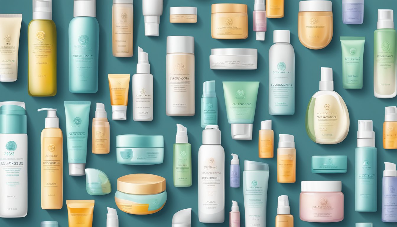 A table with various skincare products arranged neatly, including cleansers, toners, serums, and moisturizers. Bright packaging and natural ingredients are emphasized