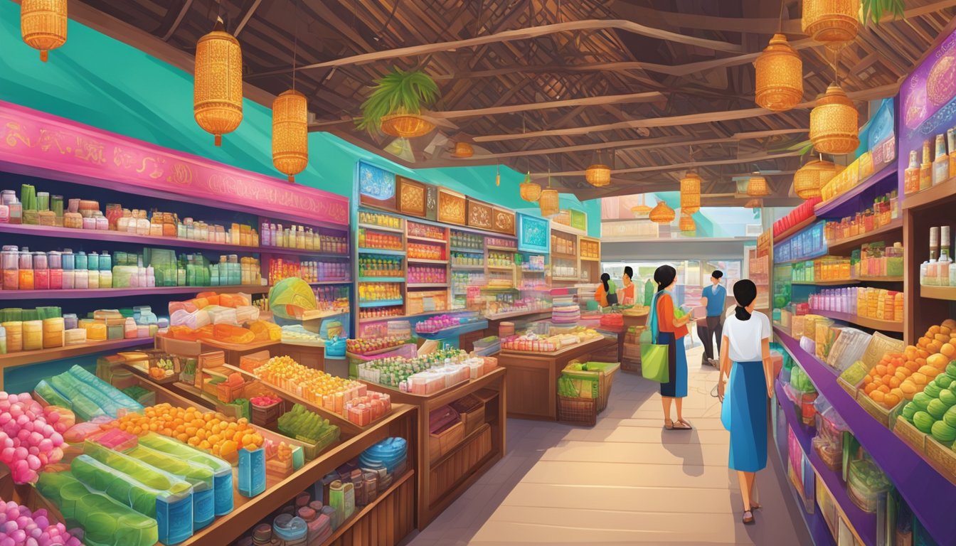 A vibrant display of Thai cosmetic products in a bustling market setting. Bright colors and intricate packaging catch the eye of shoppers