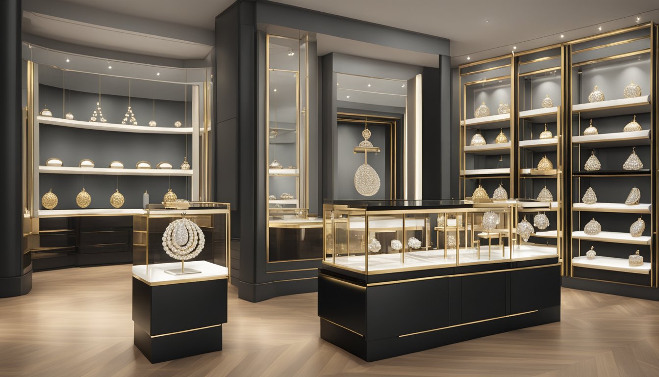 Shimmering diamond necklaces, sleek gold bangles, and intricate pearl earrings displayed on velvet stands in a modern, upscale jewellery boutique