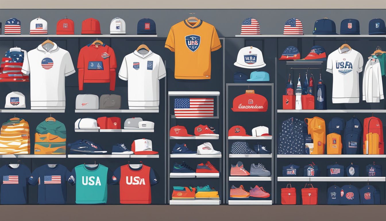 A display of USA clothing brands, featuring iconic logos and designs, arranged on shelves and racks in a modern retail store