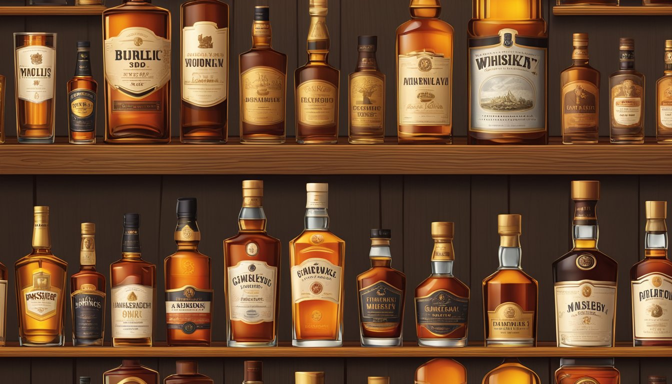 Bottles of top whiskey brands arranged on a wooden shelf. Labels facing forward, with varying shapes and sizes. Rich amber and golden tones catch the light