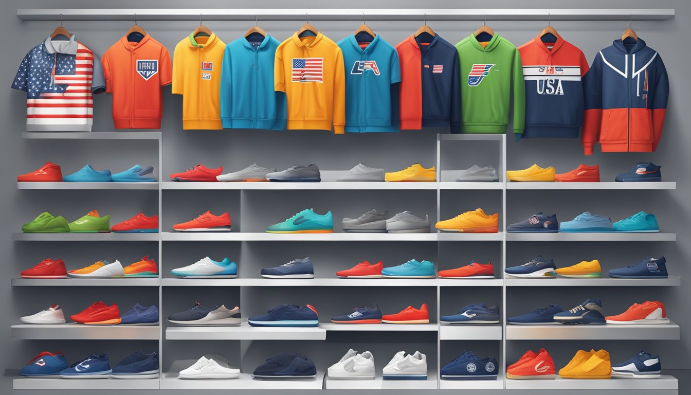 A colorful display of iconic USA clothing brands, including logos and designs, arranged on a sleek, modern retail store shelf