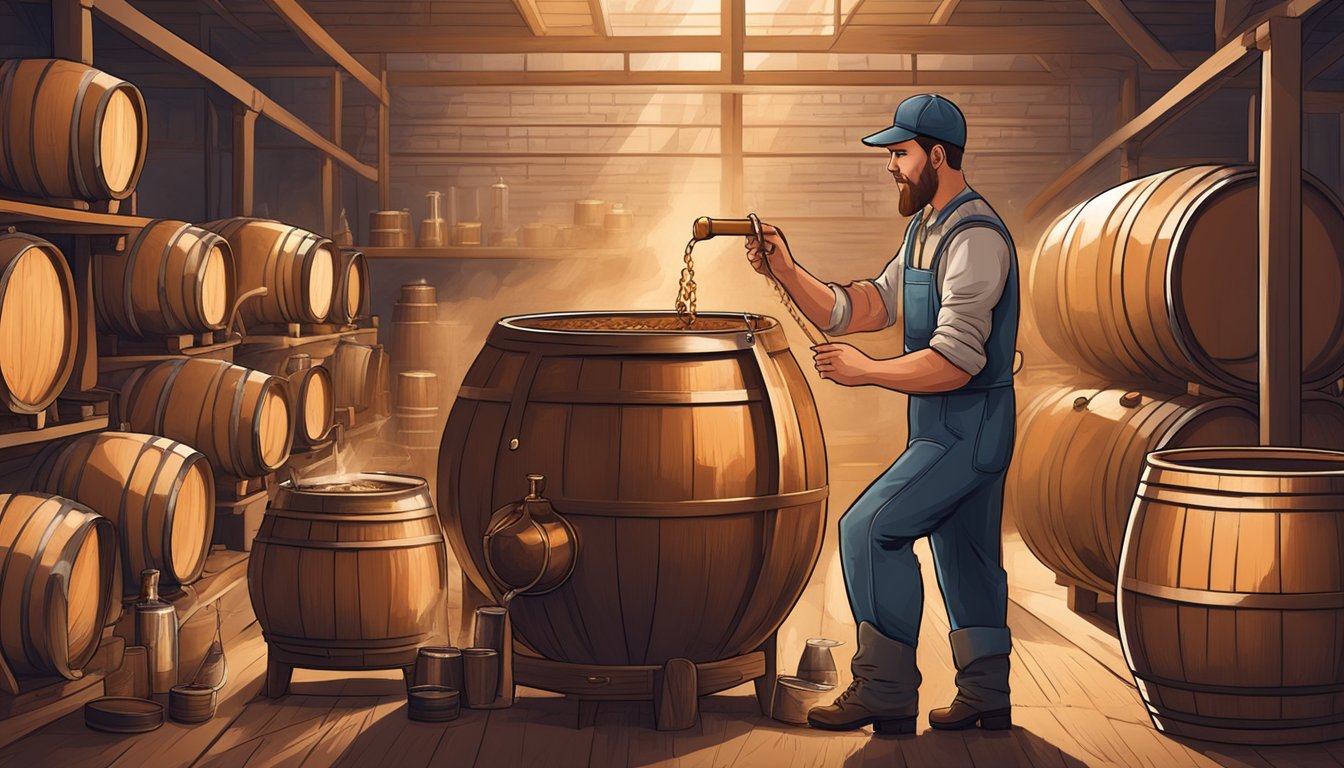 A distillery worker pours grains into a large copper still, surrounded by barrels of aging whisky and the aroma of oak and malt