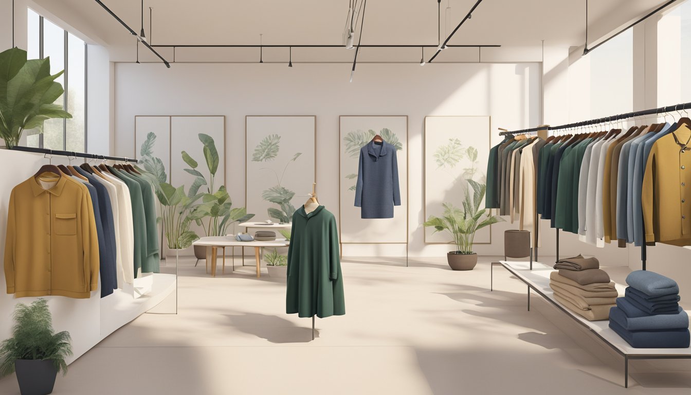 A display of eco-friendly clothing brands with sustainable and ethical practices. Garments made from recycled materials and natural fibers showcased in a modern, minimalist setting
