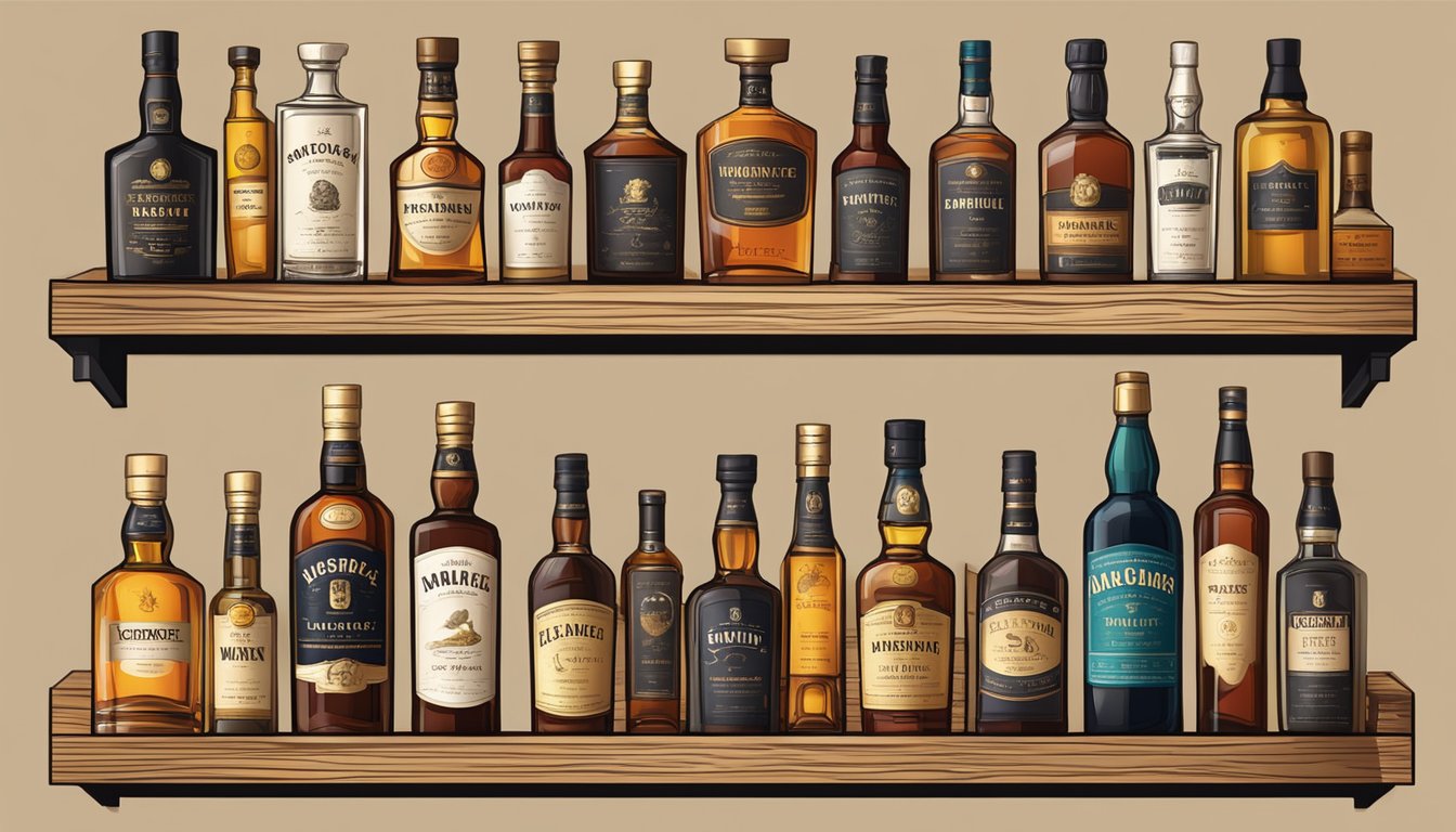 Various whisky bottles displayed on a wooden shelf with name tags
