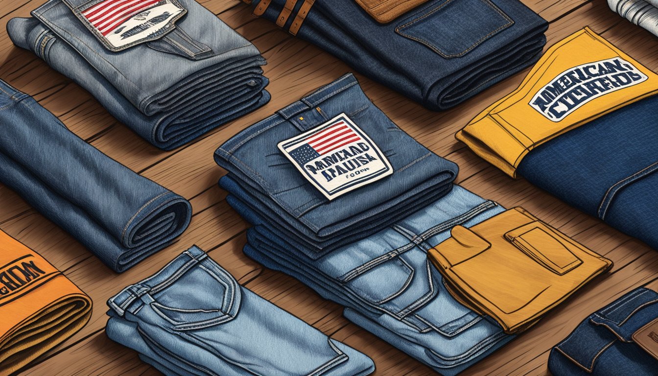 A stack of American-made denim and streetwear brands on a rustic wooden table. Bright, bold logos and rugged fabrics