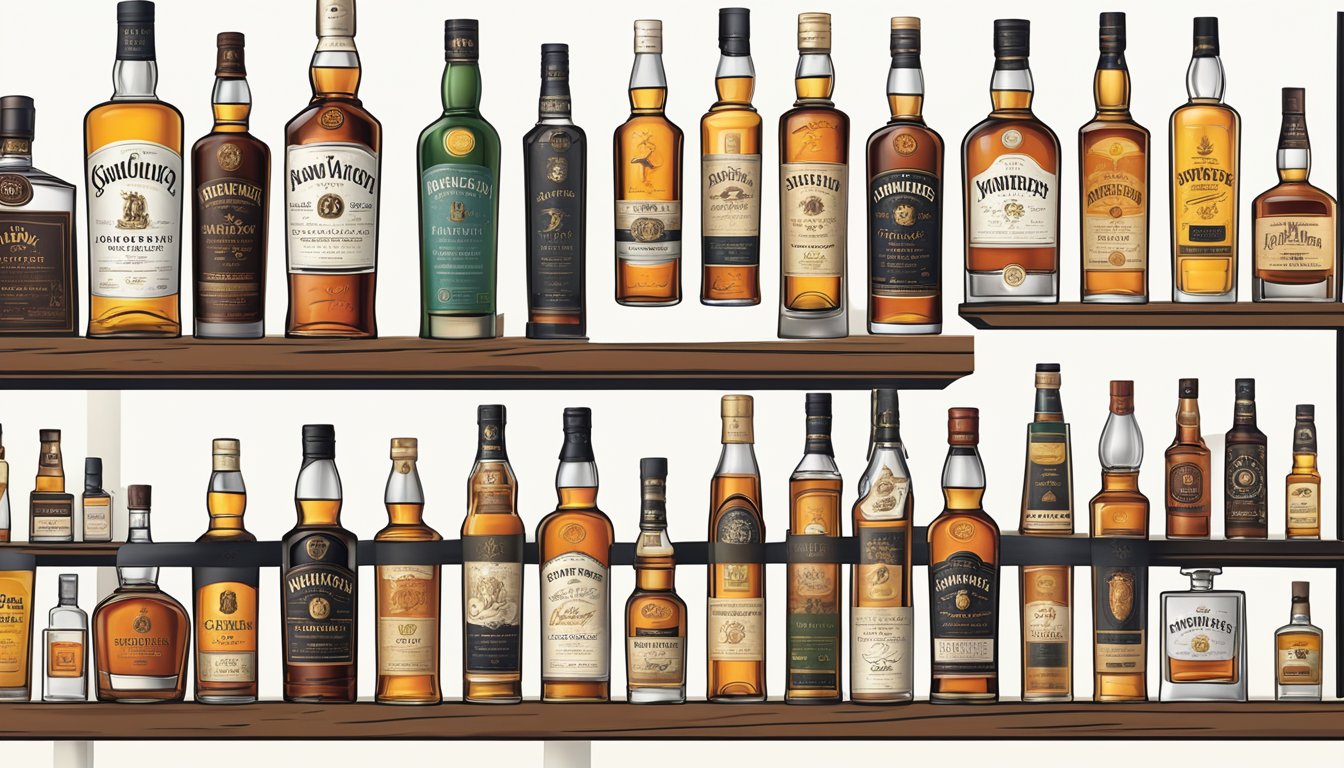 A shelf lined with iconic whisky bottles, each displaying their unique expressions and branding