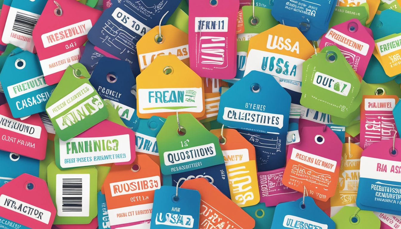 A stack of colorful clothing tags with "Frequently Asked Questions" and "USA clothing brands" printed on them