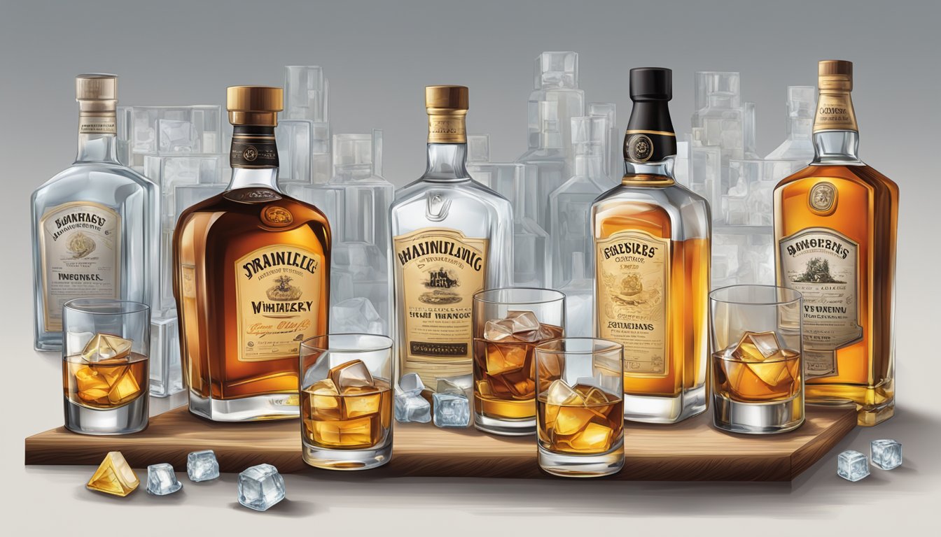 A table with various whiskey bottles, each labeled with its unique flavor profile. Glasses, ice, and accompanying pairings are arranged alongside
