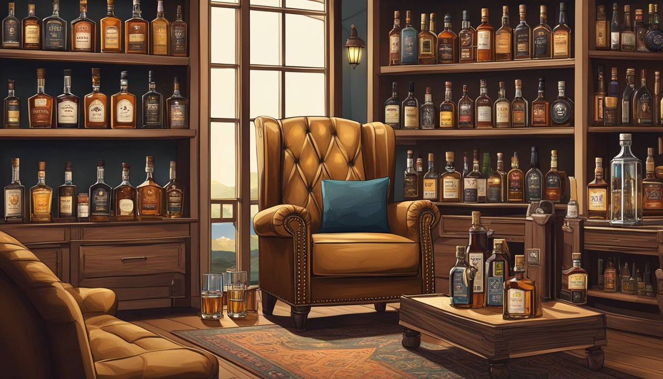 A shelf lined with top whiskey brands, each bottle labeled with its unique name and distillery. A cozy armchair and small table with a crystal glass and open book complete the scene