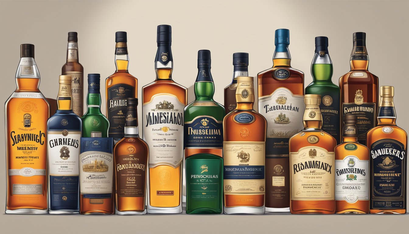 A shelf filled with top whiskey brands, with labels prominently displayed
