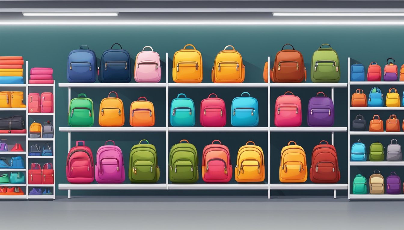 Colorful backpacks from well-known brands displayed on shelves in a modern store