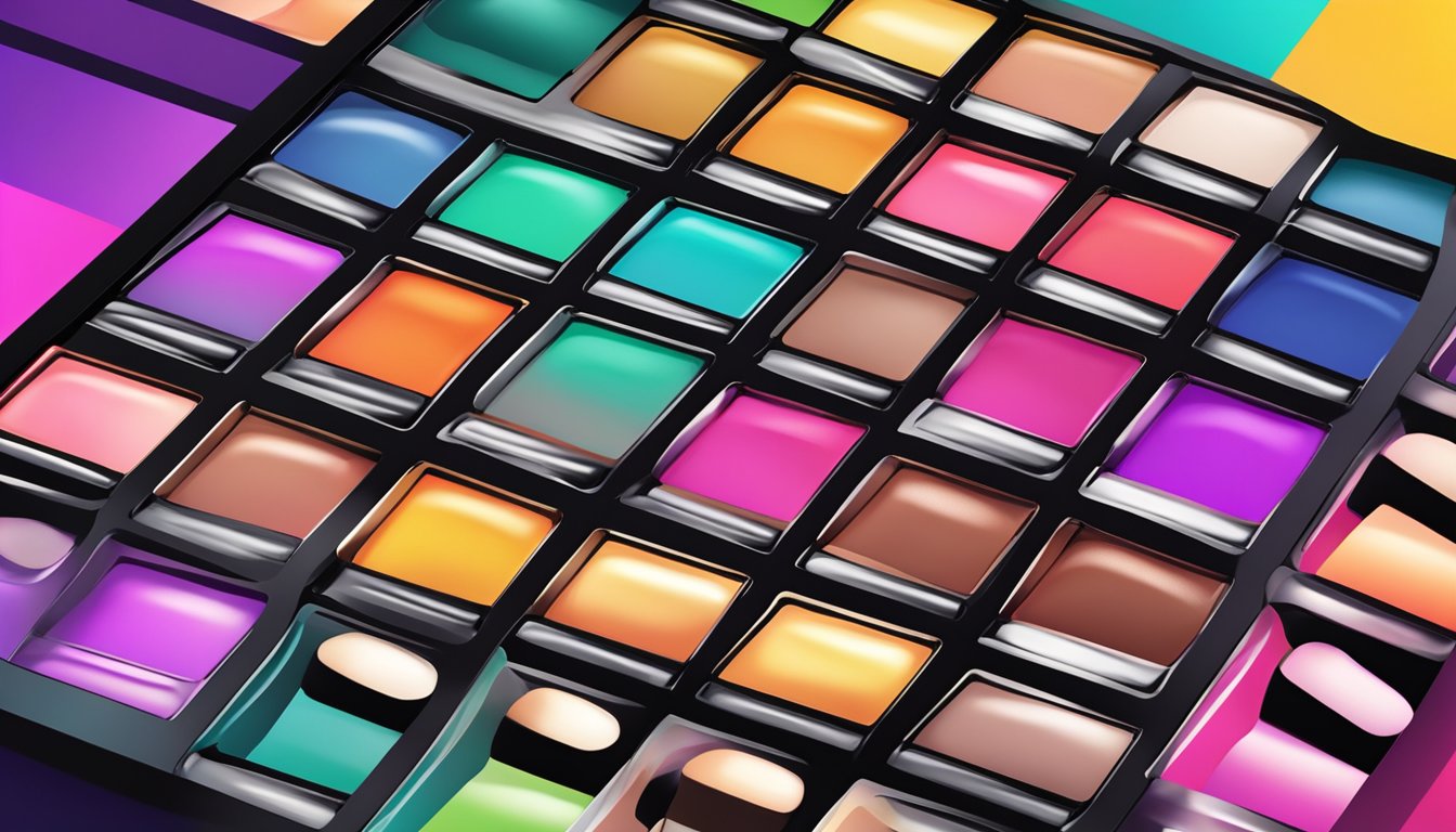 16 vibrant eyeshadow colors arranged in a sleek palette, with a hand swiping across them in one smooth motion