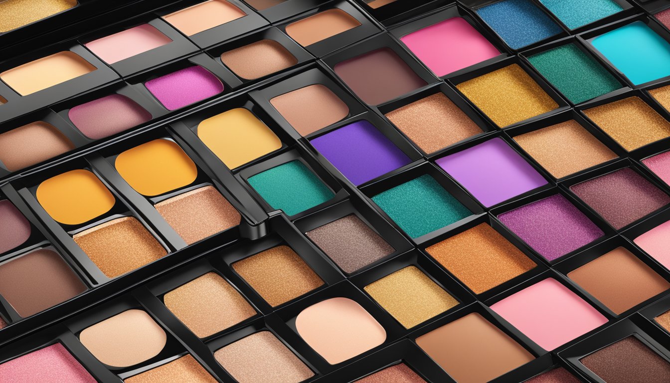 Vibrant eyeshadow palette open, showing 16 shades with different textures, ready for use in one swipe