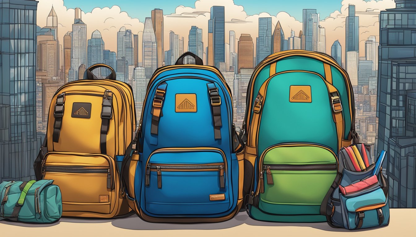 A display of iconic backpack brands, showcasing their logos and designs, with a backdrop of adventurous landscapes and urban cityscapes