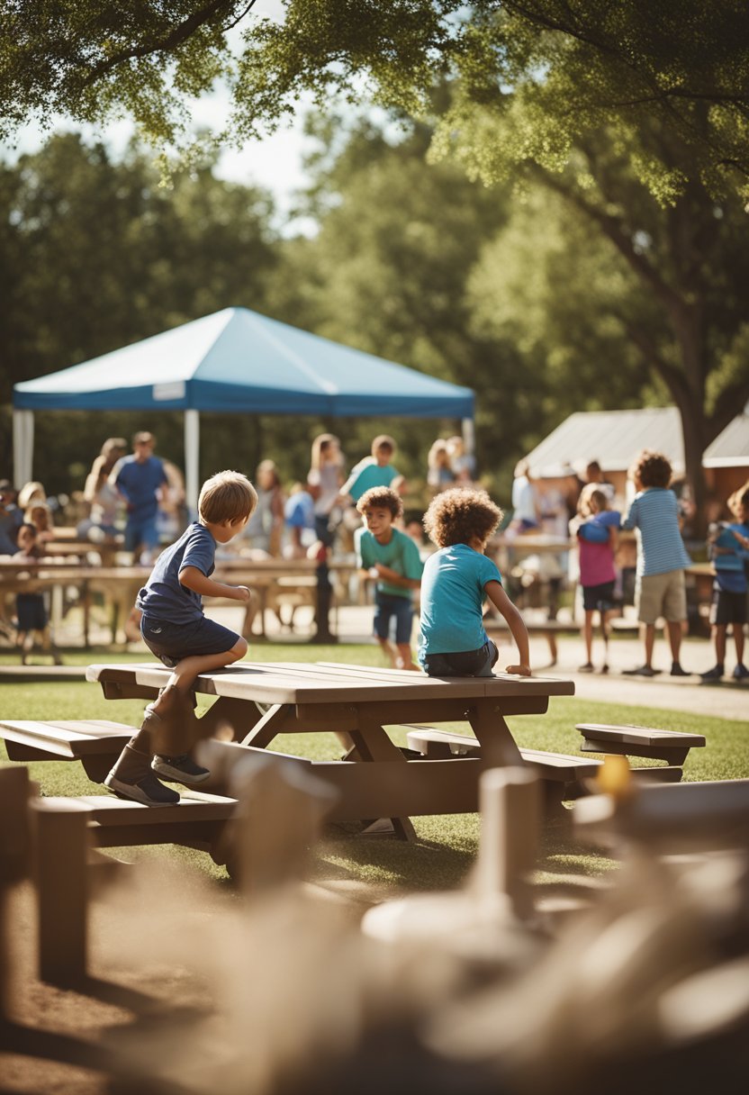 Children playing on playground equipment, families gathered around picnic tables, and kids participating in organized games and crafts at Waco RV parks