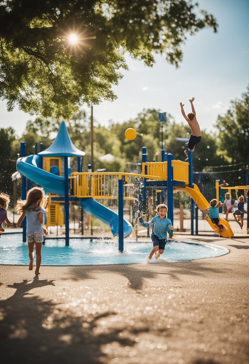 Children playing on playground equipment, families gathered around picnic tables, and a swimming pool filled with kids splashing and having fun at Waco RV parks