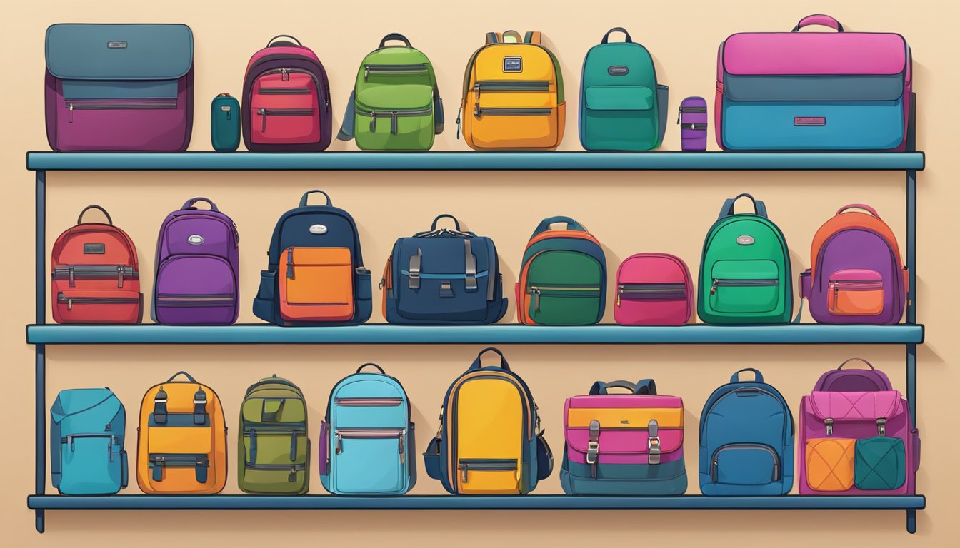 A display of various backpack brands arranged on shelves, with colorful designs and different sizes, showcasing options for every occasion