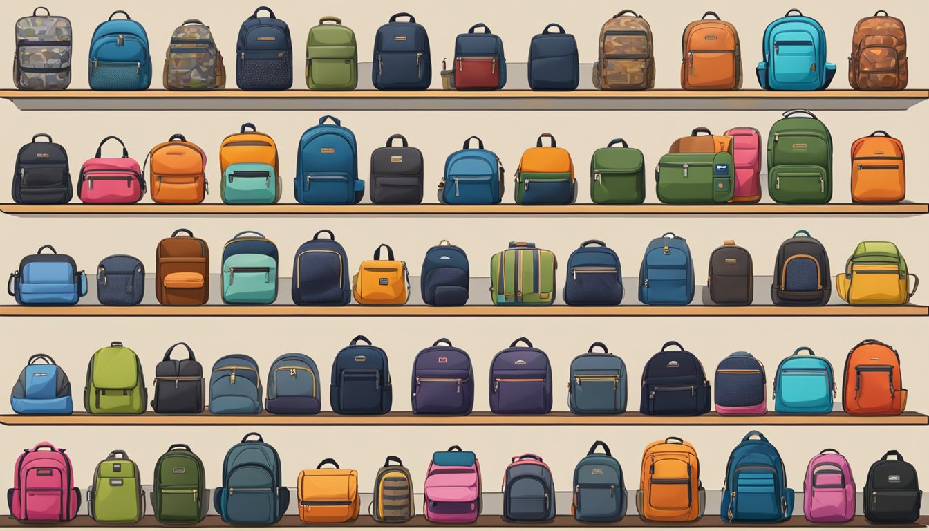 A display of popular backpack brands arranged neatly on shelves, with various sizes, colors, and designs to choose from
