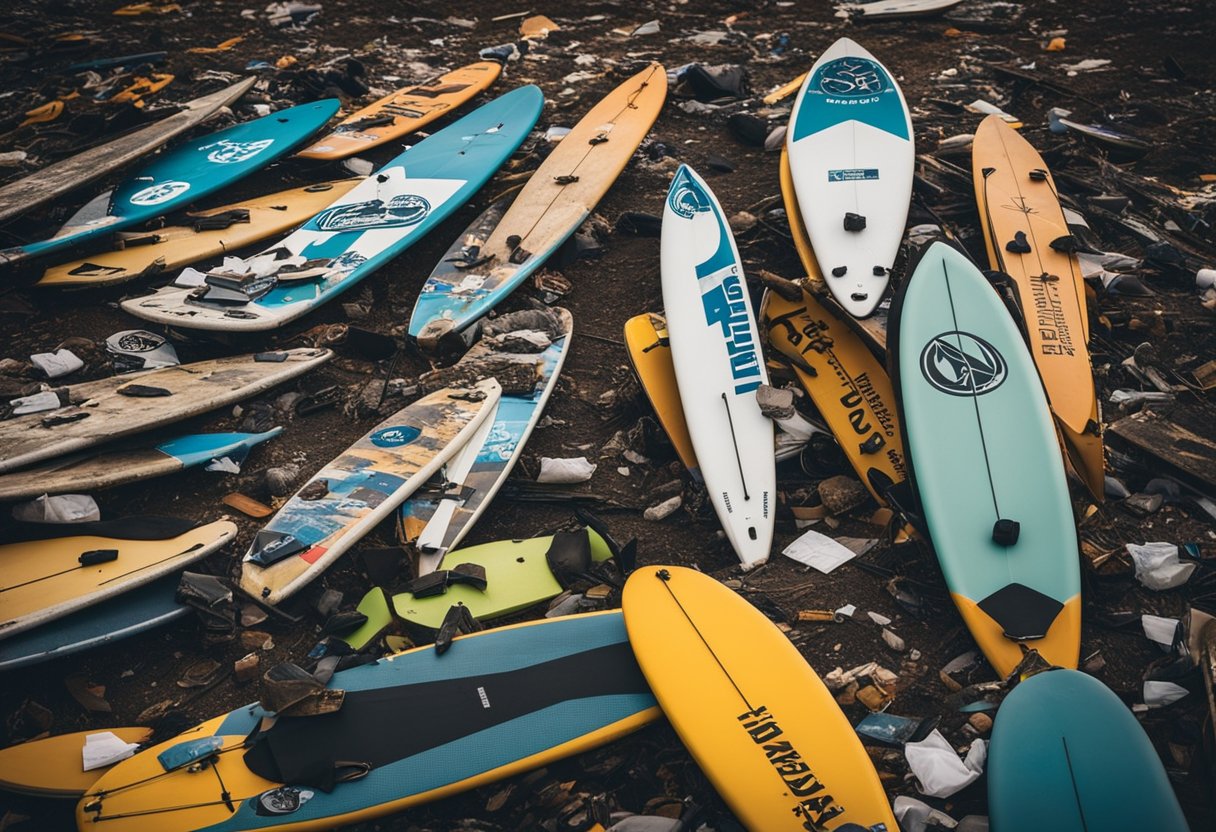 A pile of broken paddleboards with recognizable logos lies in a landfill, surrounded by caution signs