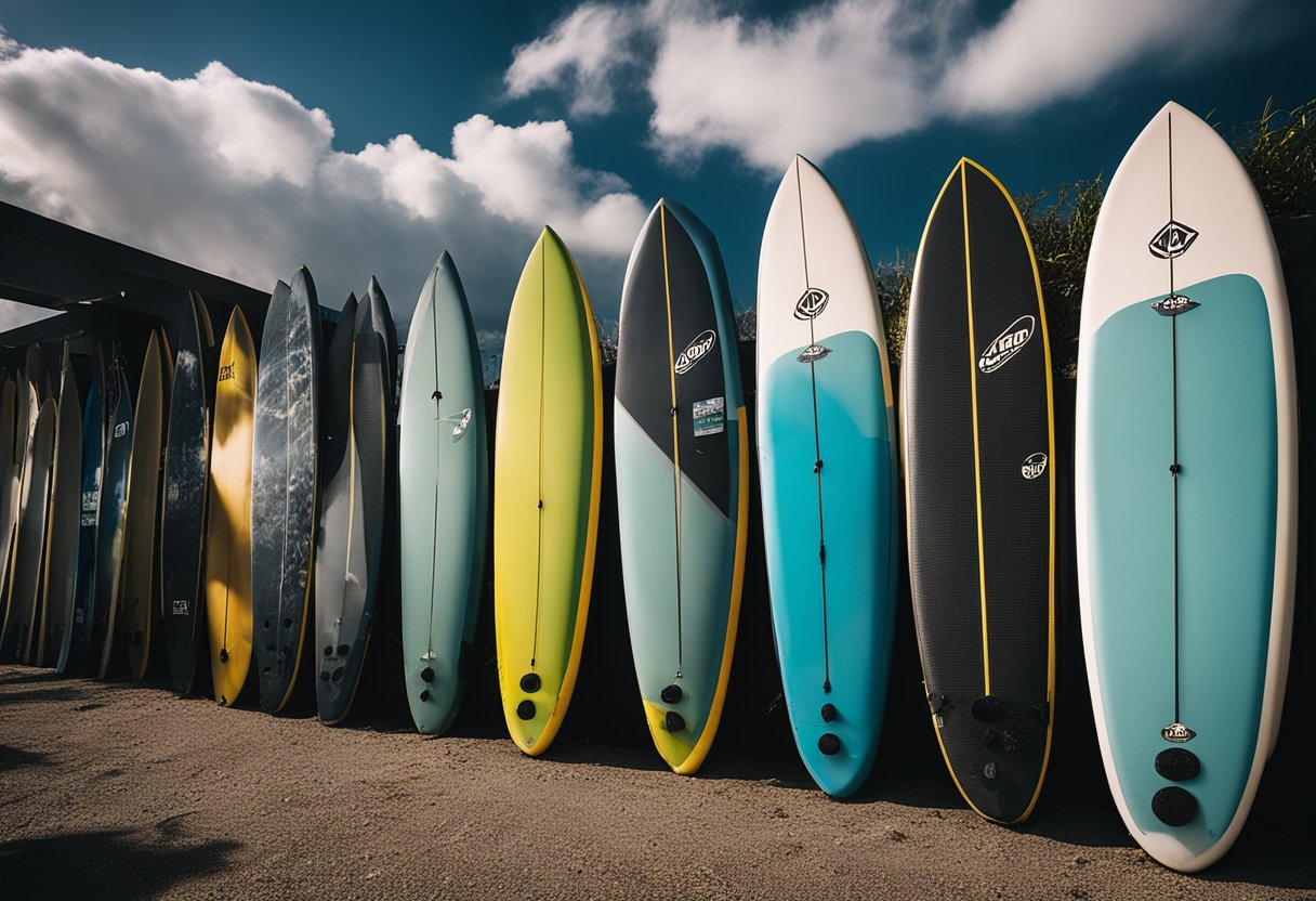 A dark cloud hovers over a lineup of neglected and damaged SUP boards, with faded logos and broken fins, representing SUP brands with poor reputation