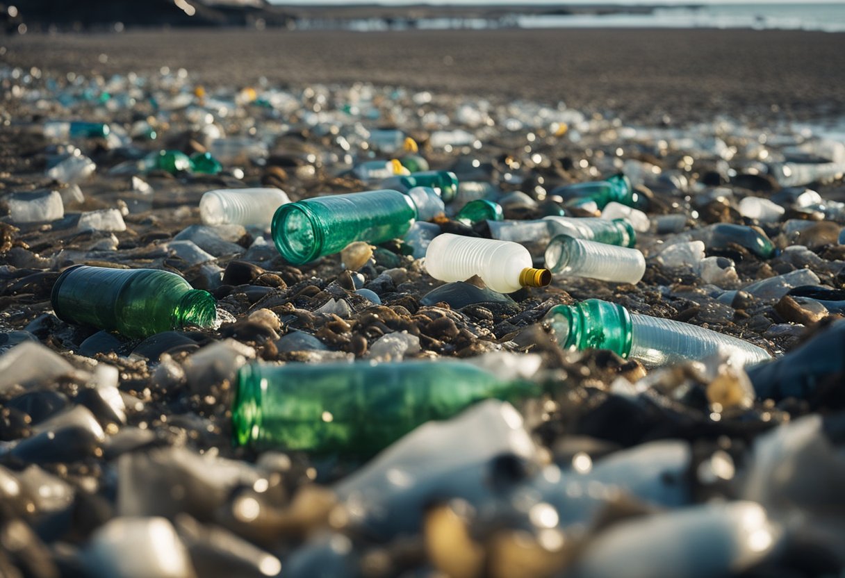 A polluted beach with littered plastic bottles and bags, while a factory releases toxic waste into the water, causing harm to marine life