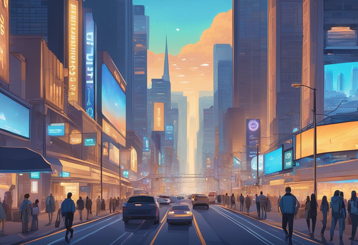 The bustling streets of San Francisco are illuminated by the glow of digital billboards, showcasing the latest advancements in blockchain technology. The city skyline serves as a backdrop, with futuristic buildings reaching towards the sky