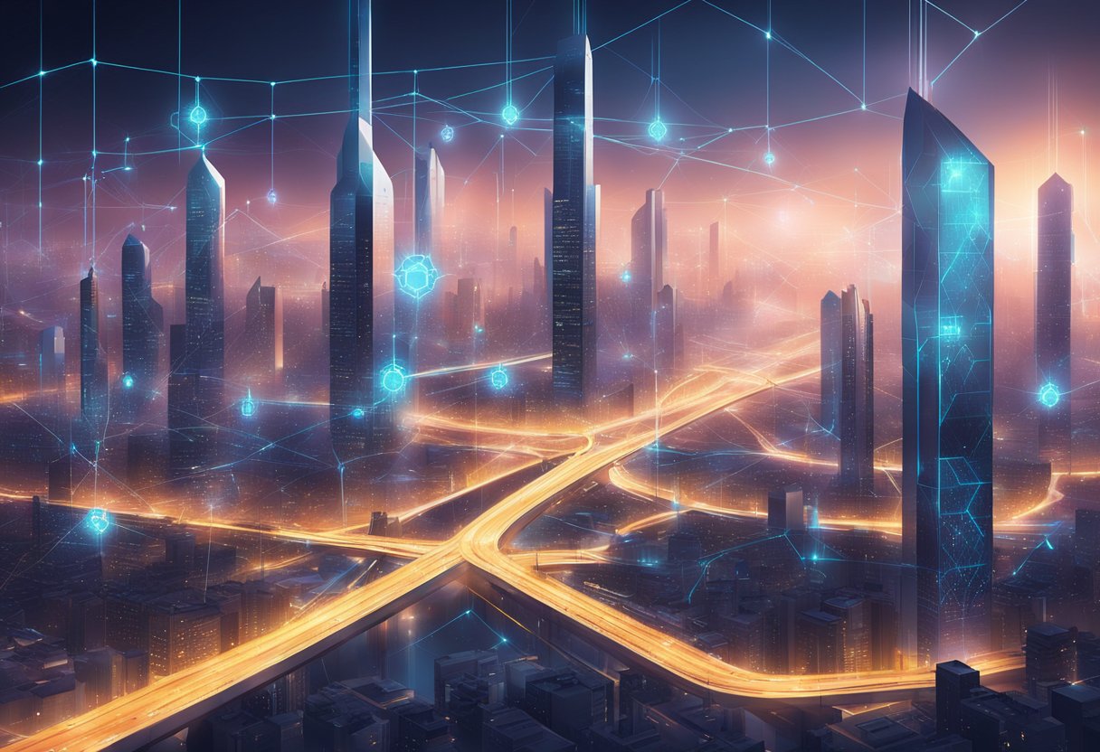 A futuristic cityscape with interconnected digital networks, glowing blockchain symbols, and high-tech security measures