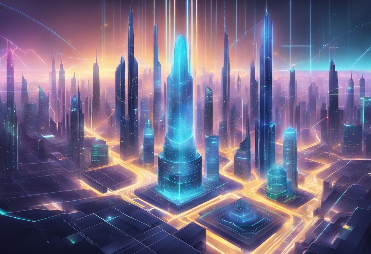 A futuristic city skyline with holographic projections and data streams, showcasing the integration of blockchain technology in a thrilling science fiction setting