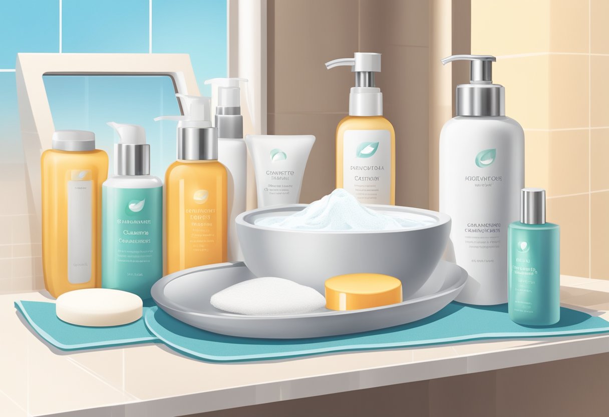 A bathroom countertop with skincare products neatly arranged: cleanser, toner, moisturizer, and sunscreen. A soft towel and a mirror complete the scene