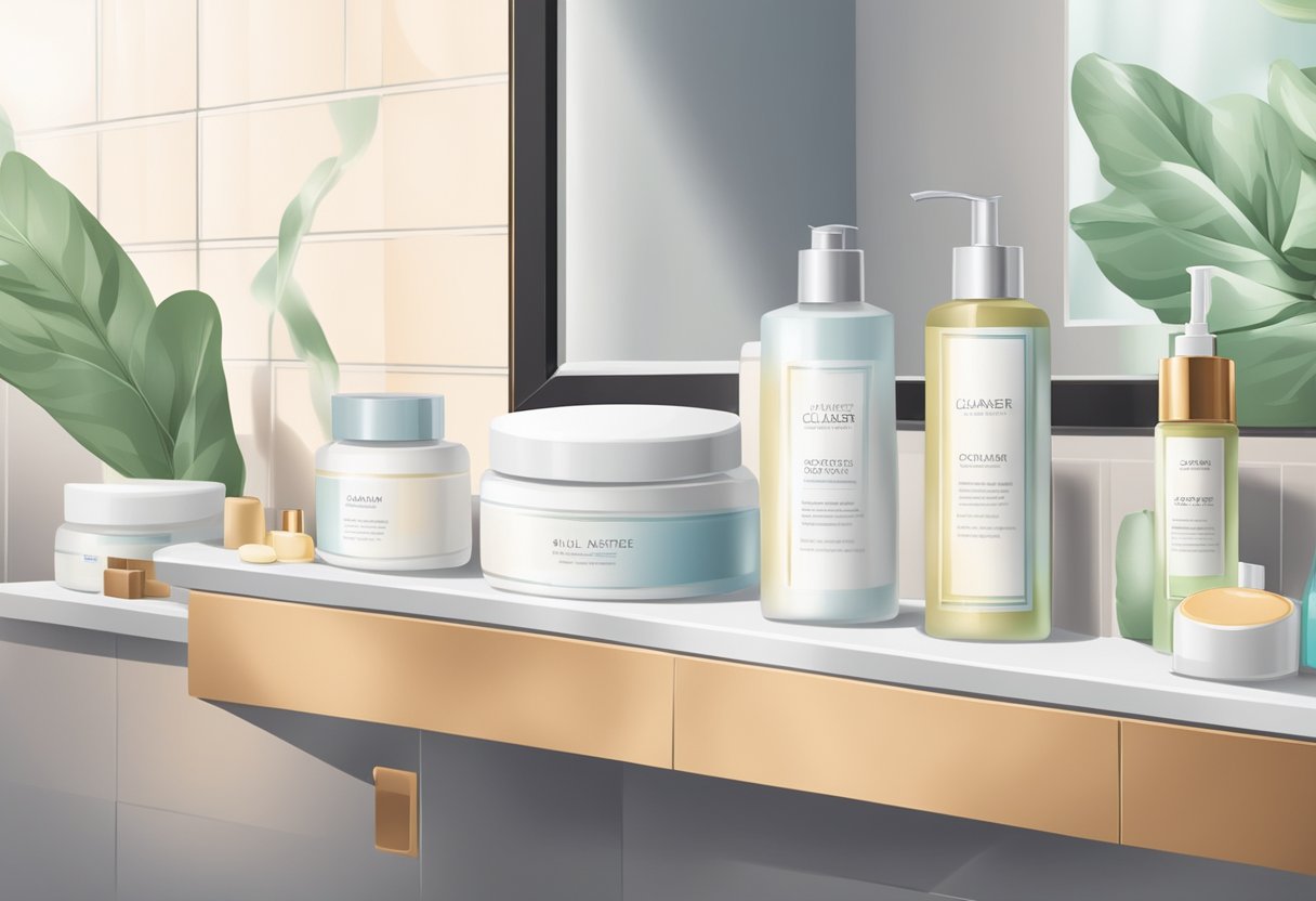 A bathroom counter with skincare products neatly arranged: cleanser, toner, moisturizer, sunscreen. A soft towel and a mirror complete the scene