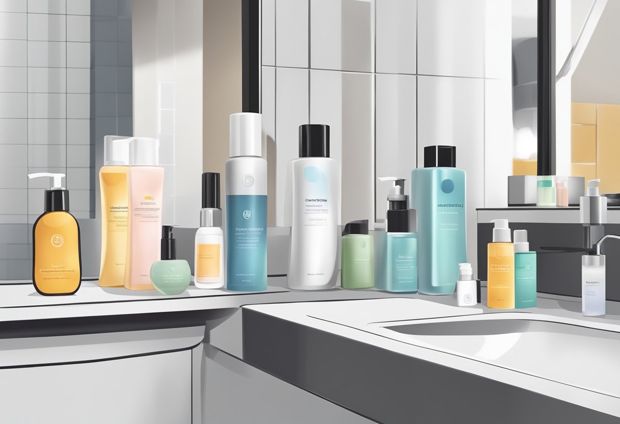 A bathroom countertop with various skincare products neatly arranged, including cleanser, toner, moisturizer, and sunscreen. A towel and a mirror are also visible