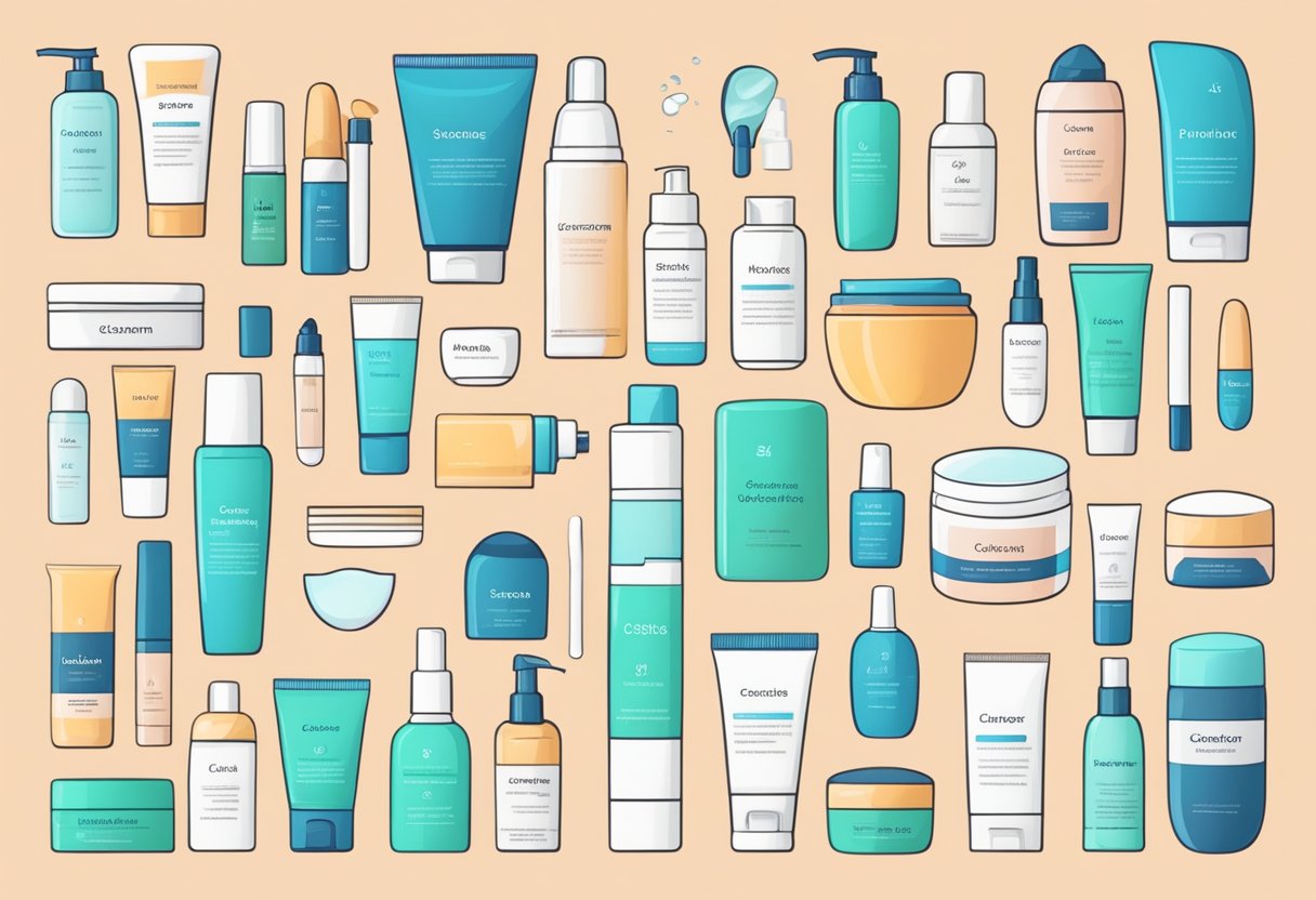 A person's skin care routine: cleanser, toner, moisturizer, sunscreen. Different products for different skin types. Simple, clean, organized setting