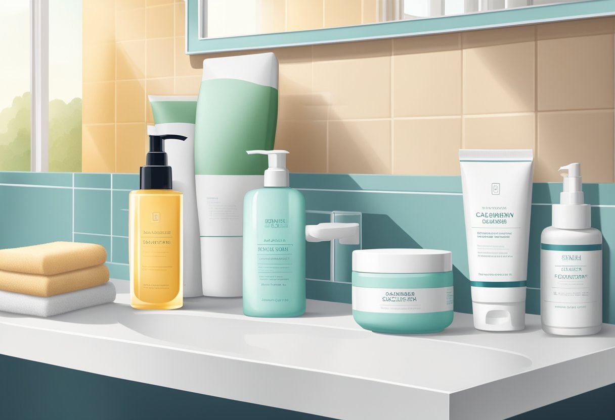 A bathroom counter with skincare products neatly arranged, including cleanser, toner, moisturizer, and sunscreen. A towel and mirror are also visible
