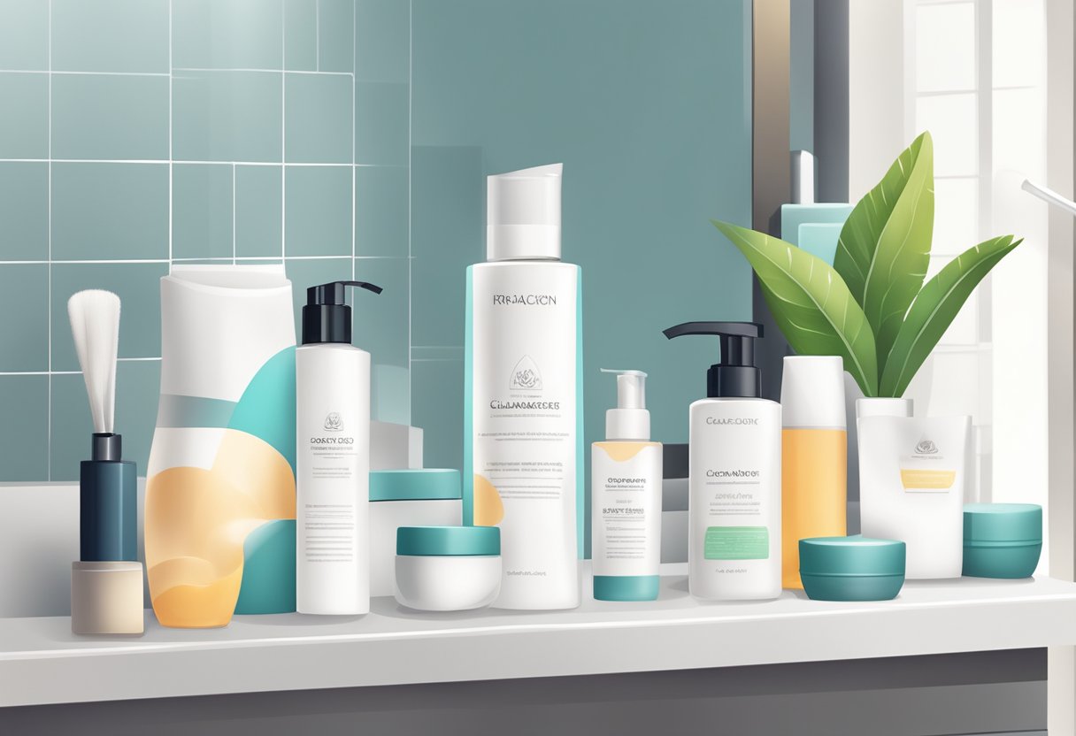 A bathroom counter with skincare products neatly arranged: cleanser, toner, moisturizer, sunscreen. A towel and a mirror reflect the organized setup