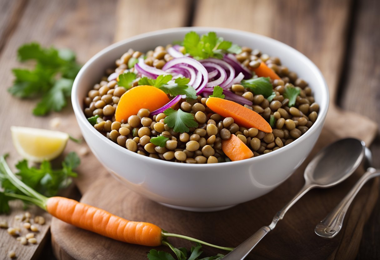 A bowl of lentil salad with carrots and red onion on a wooden table