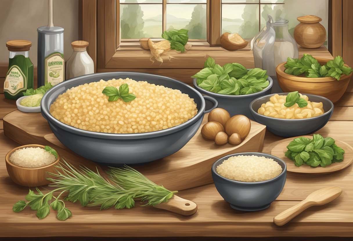 A rustic kitchen counter displays ingredients for classic Parmigiano Reggiano recipes: risotto, pasta, salad, and stuffed mushrooms