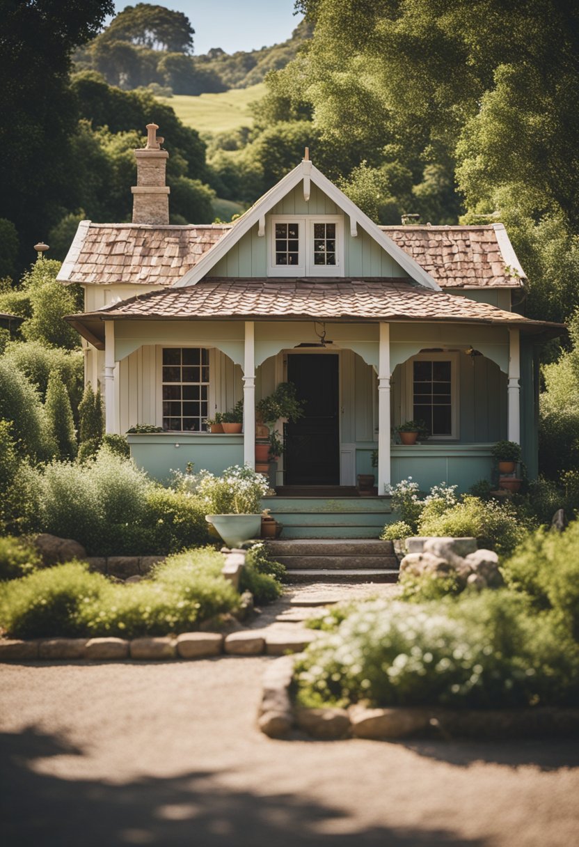 A quaint clay cottage nestled among lush greenery, with a charming front porch and vintage details, set against a backdrop of rolling hills and a clear blue sky