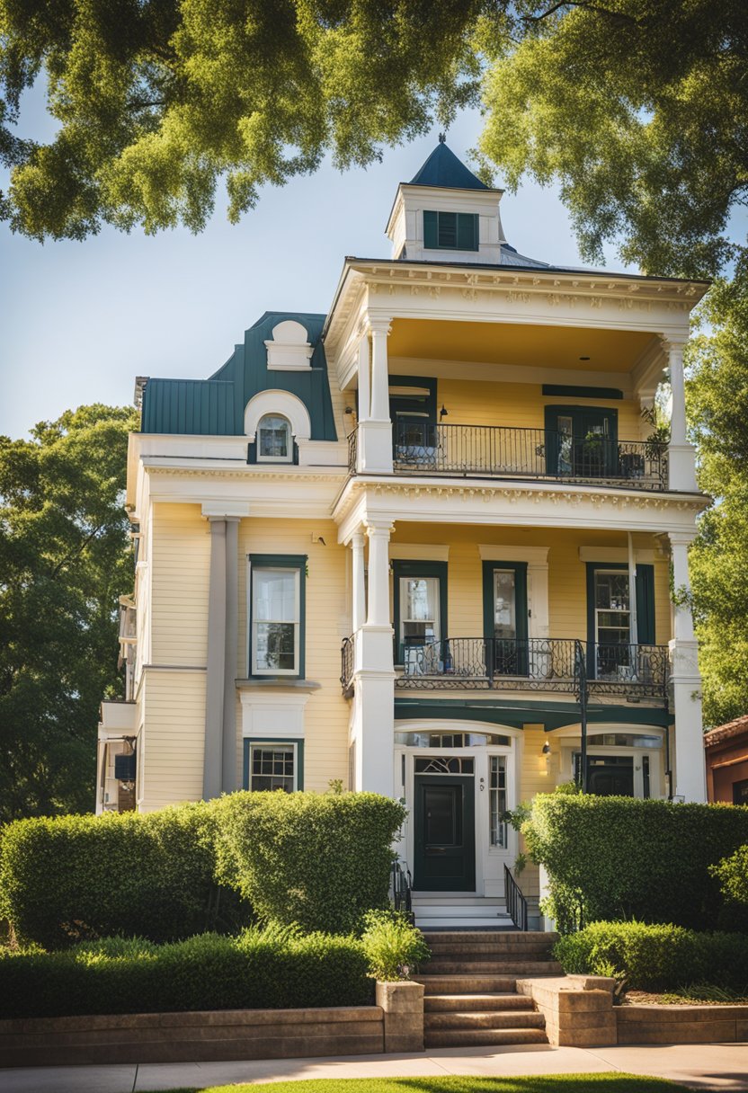 A vibrant 1920's downtown Waco home with sunny skies, surrounded by historic vacation rentals