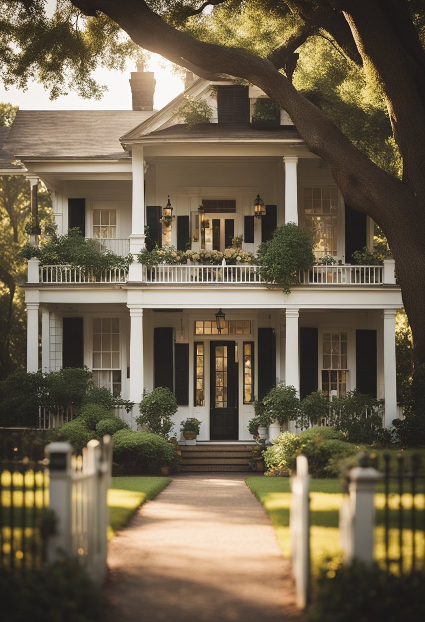 A charming historic house with a white picket fence surrounded by lush gardens and towering oak trees. The sun casts a warm glow on the front porch, inviting visitors to step inside and experience the simplicity of a bygone era